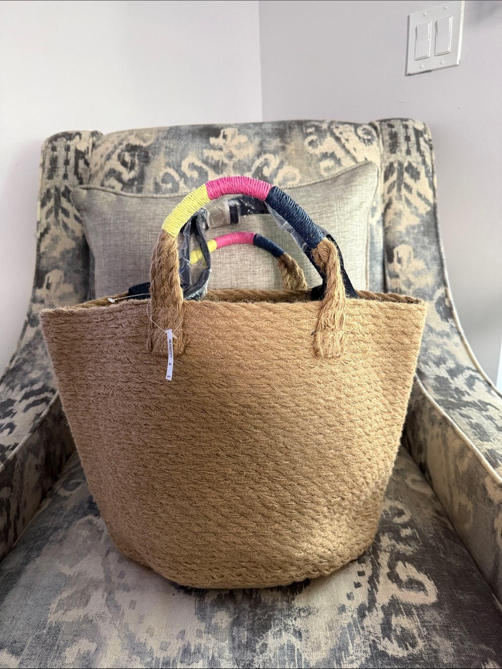 GAP Natural Straw Tote with Navy, Pink & Yellow Wrapped Handles